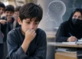 A boy covers his mouth as classmates point and laugh behind him in a classroom, reflecting the ridicule faced by children who stutter. (Photo Credit: AI)