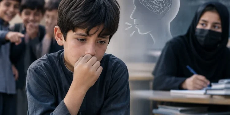 A boy covers his mouth as classmates point and laugh behind him in a classroom, reflecting the ridicule faced by children who stutter. (Photo Credit: AI)