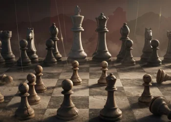 Weathered chess pawns stand before towering king and queen pieces on a cracked board, with thin strings hovering above, symbolizing unwitting tools of power. (Photo credit: AI)