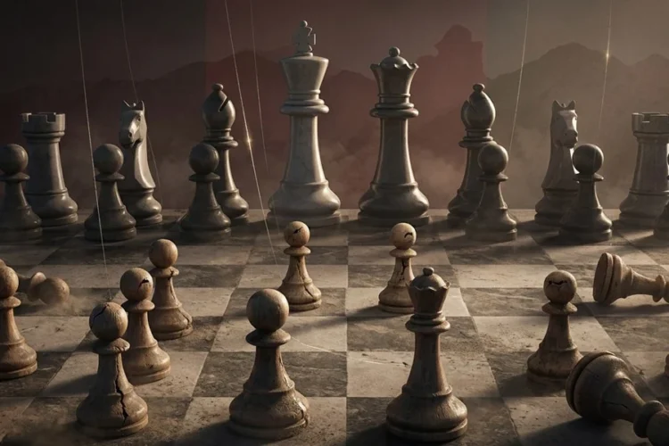 Weathered chess pawns stand before towering king and queen pieces on a cracked board, with thin strings hovering above, symbolizing unwitting tools of power. (Photo credit: AI)