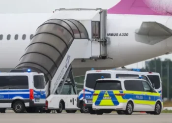 German police vehicles are parked beside a passenger aircraft at an airport during the deportation of Afghan migrants from Germany (Photo: Hendrik Schmidt/dpa/picture alliance)