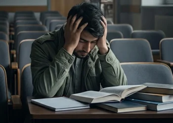 A young male student sits with his head in his hands among open books in an empty lecture hall amid declining university enrollment in Afghanistan. (Photo credit: AI)