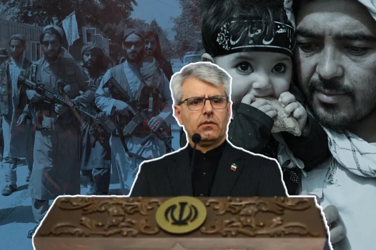 An edited composite image shows a man speaking at a podium bearing Iran's emblem, with armed men and a man holding a child in the background. The image has not been verified as related to the event. (Photo credit: Social Media)
