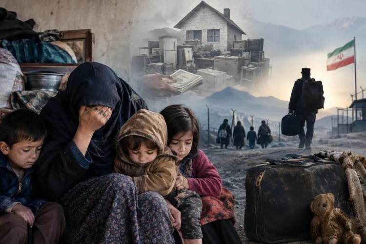 A mother covers her face in distress as her three children sit beside her, with belongings, a suitcase and a lone traveler heading toward the border in the background. (Photo credit: AI)