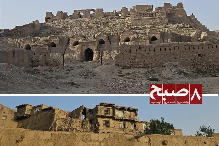 Crumbling walls of the historic Bala Hissar Fortress and a damaged residential house inside the compound in Ghazni, where families can neither leave nor repair their homes. (Photo credit: 8am.media)