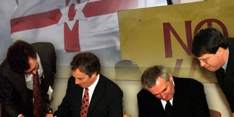 Officials sign a peace agreement beside a Northern Ireland flag and a protest sign in a composite image marking the Good Friday Agreement. (Photo credit: Social Media)