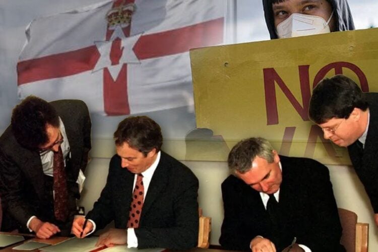 Officials sign a peace agreement beside a Northern Ireland flag and a protest sign in a composite image marking the Good Friday Agreement. (Photo credit: Social Media)