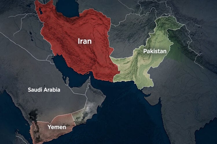 A map highlights Pakistan, Iran, Saudi Arabia and Yemen, where the Yemen war has tested Islamabad's balance between Riyadh and Tehran. (Photo credit: Magnific)