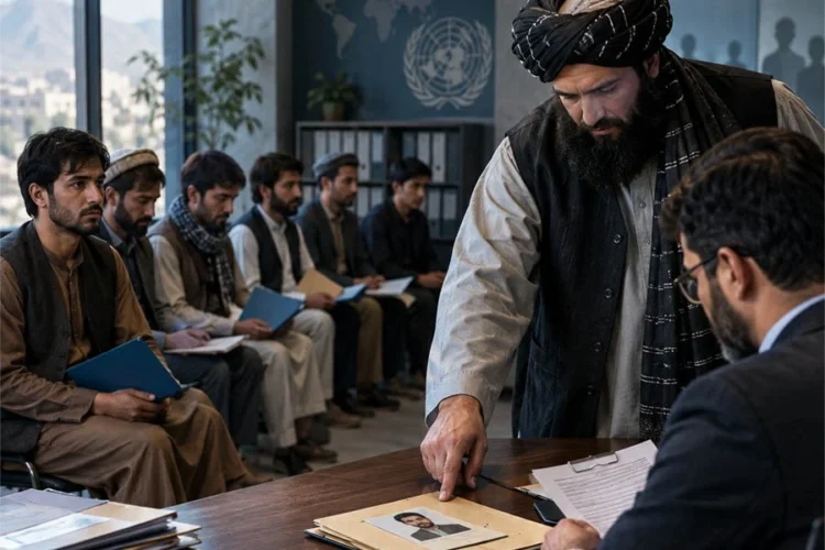 A bearded man in traditional clothing points to an applicant's file during a hiring interview as candidates wait in an office with a UN emblem on the wall. (Photo Credit: AI)