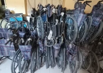 A collection of wheelchairs stored indoors, ready for distribution to people with mobility difficulties (Photo: @MoPH_afg)