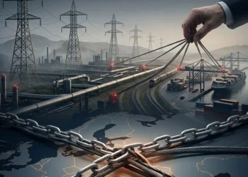 A hand pulls cables tied to power lines, pipelines, railways and a cargo port above a chained map, symbolizing regional dependence on foreign infrastructure. (Photo credit: AI)