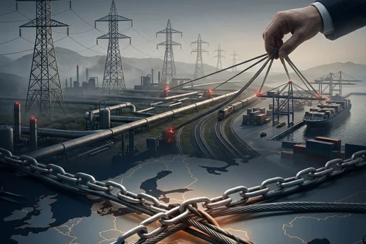 A hand pulls cables tied to power lines, pipelines, railways and a cargo port above a chained map, symbolizing regional dependence on foreign infrastructure. (Photo credit: AI)