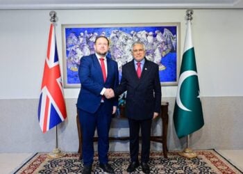 Ishaq Dar shakes hands with UK Minister Stephen Doughty during a meeting on Pakistan-UK bilateral relations. (Photo credit: @ForeignOfficePk)