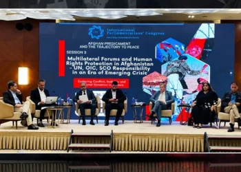 Panelists sit on stage during an International Parliamentarians' Congress session on human rights protection in Afghanistan and the responsibility of the UN, OIC and SCO. (Photo credit: Social Media)