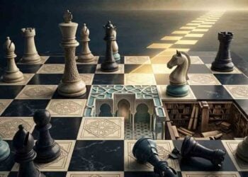 A chessboard with Islamic geometric tiles, an arched courtyard, a sunken library and fallen pieces beneath a glowing path symbolizes the future of knowledge in Islamic civilization. (Photo credit: AI)