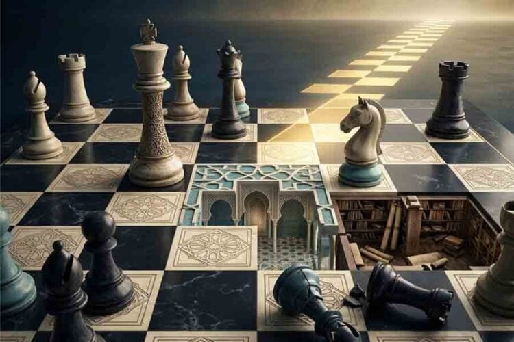 A chessboard with Islamic geometric tiles, an arched courtyard, a sunken library and fallen pieces beneath a glowing path symbolizes the future of knowledge in Islamic civilization. (Photo credit: AI)