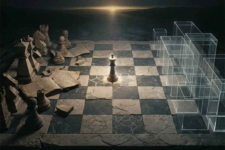 A lone king stands on a cracked chessboard beside ancient manuscripts, fallen pieces and glass structures, symbolizing knowledge and institutions in Islamic civilization. (Photo credit: AI)