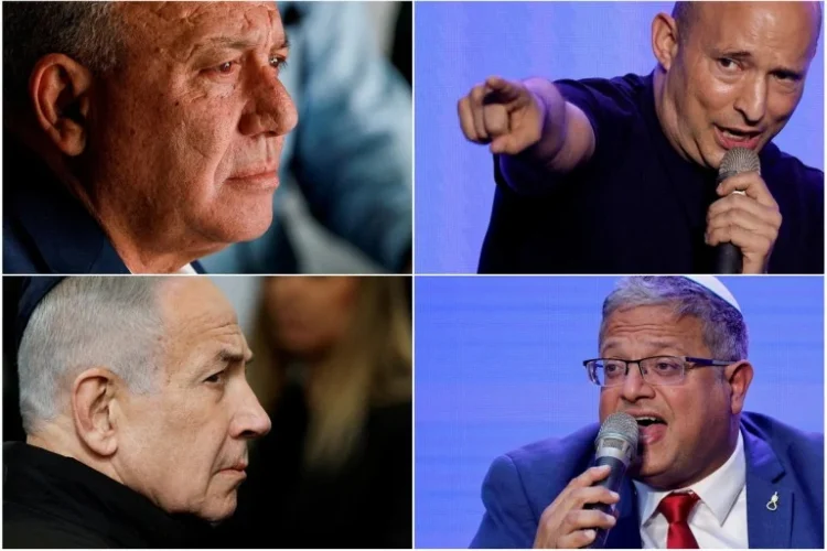 A collage of four men speaking and listening at separate events as Israel’s coalition talks remain uncertain after the election. (Photo credit: Social media)