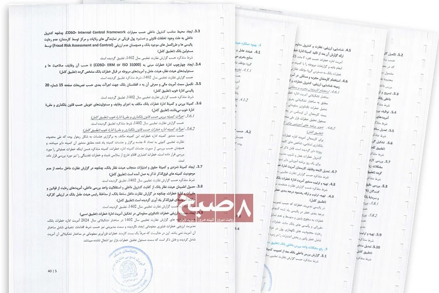 Pages from the Taliban-controlled Da Afghanistan Bank’s supervisory report list Kabul Bank’s corrective measures on internal control, risk management, and board committees, with their implementation status. (Photo credit: 8am.media)