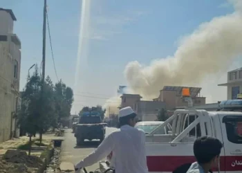 Smoke is seen rising from a distant view as police vehicles are parked (Photo: Exclusive)