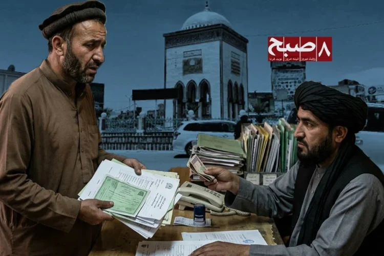 An illustration shows a resident handing construction permit documents to an official who accepts cash at his desk, reflecting bribery claims by Kandahar residents. (Photo credit: 8am.media + AI)