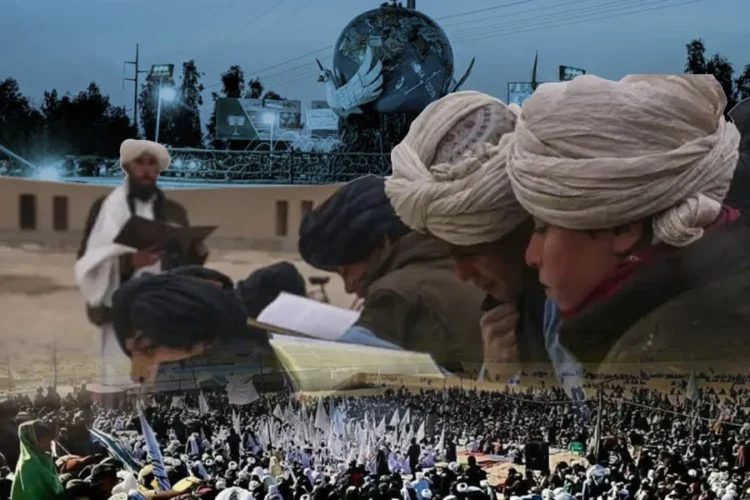 A composite image shows madrasa students reading from books, with a large crowd carrying white flags in the background, as Helmand residents say bread collections burden families. (Photo credit: Exclusive)