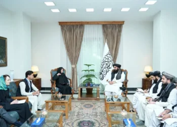 Amir Khan Muttaqi meets with UN Deputy Secretary-General Rosemary DiCarlo during a session in which Afghanistan and regional issues were discussed. (Photo credit: @MoFA_Afg)