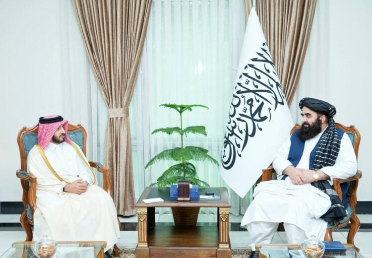 Taliban Foreign Minister Amir Khan Muttaqi meets Qatar’s ambassador to Afghanistan, Mardef Al-Qashouti, in Kabul to discuss bilateral relations. (Photo credit: @MoFA_Afg)