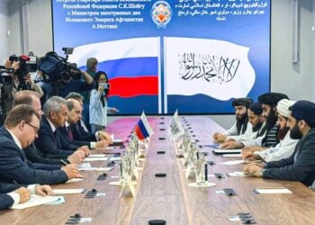 Taliban Foreign Minister Amir Khan Muttaqi meets with Sergei Shoigu, Secretary of Russia’s Security Council, to discuss security cooperation. (Photo credit: @MoFA_Afg)