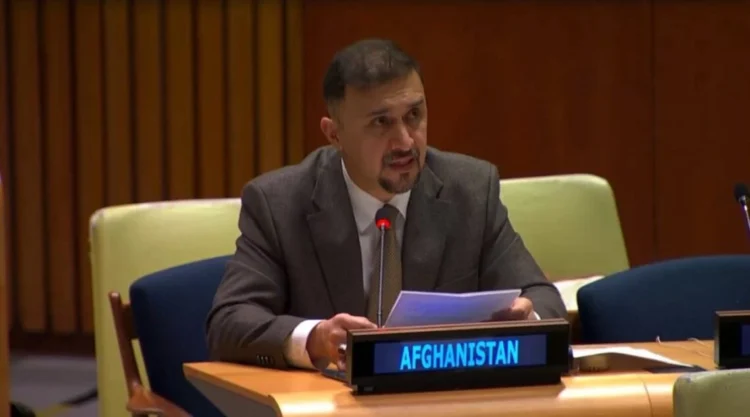 Naseer Ahmad Faiq speaks during a session of the United Nations General Assembly. (Photo credit: @faiq_naseer)