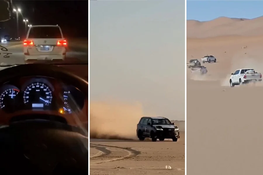 Social media videos show a convoy of SUVs and pickup trucks speeding across desert terrain, alongside a nighttime drive on a city road. (Photo credit: social media)
