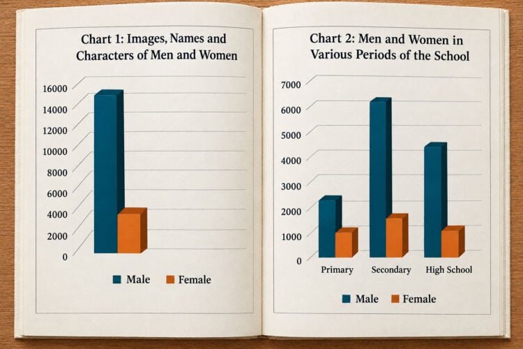 An open book shows bar charts of male and female characters across primary, secondary, and high school textbooks in Afghanistan. (Photo credit: Exclusive)