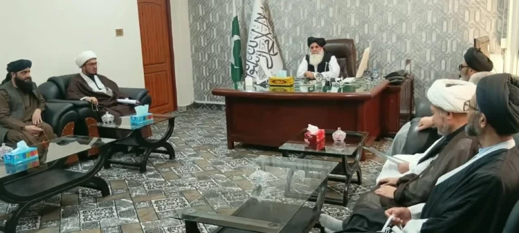Religious scholars meeting in an office displaying Taliban and Pakistani flags (Photo: Syed Hashim Mosavi)