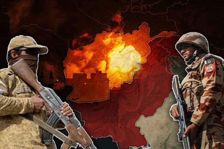 Two armed soldiers stand on either side of a burning map of Afghanistan as tensions between Pakistan and the Taliban deepen. (Photo credit: AFP + Magnific)