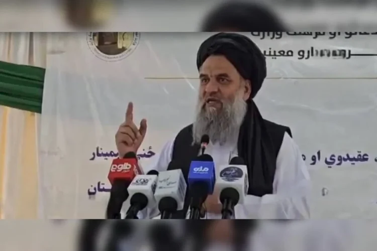 Taliban Minister Sher Ahmad Haqqani speaks behind microphones during a ceremony. (Photo credit: @bnadari1)