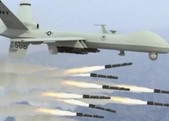 A drone fires multiple projectiles during an attack amid the ongoing conflict in Sudan.