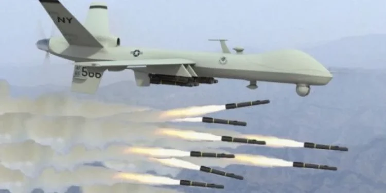 A drone fires multiple projectiles during an attack amid the ongoing conflict in Sudan.
