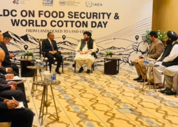 Taliban Agriculture Minister Ataullah Omari attends a meeting during his visit to Tashkent for a global forum. (Photo credit: @MAIL_AF)