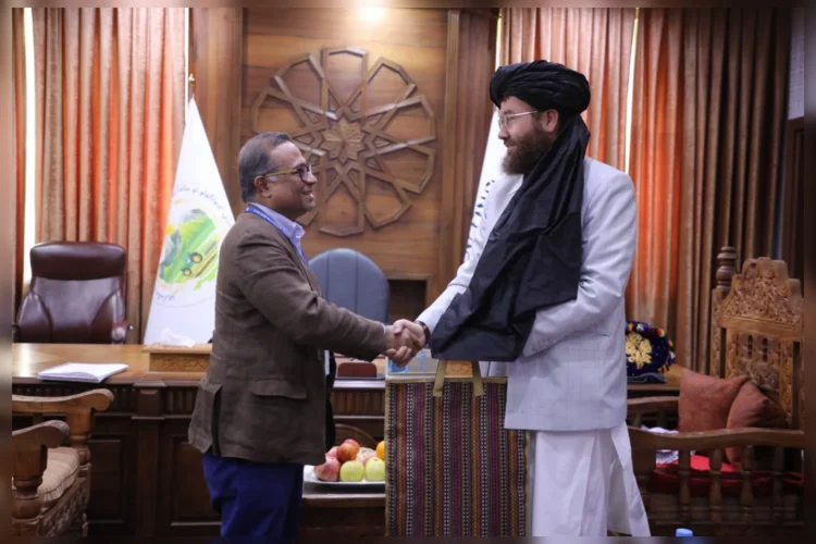 Taliban Minister Attaullah Omari and UNDP representative Turhan Saleh shake hands during a meeting on agricultural and livestock development. (Photo Credit: @MAIL_AF)
