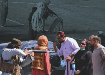 Armed Taliban members and Morality Police confront women and men on a street as a woman is shown being flogged in the background, amid the UNAMA-reported crackdown. (Photo credit: BBC + Wikipedia)