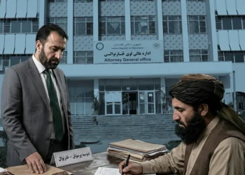 A former prosecutor stands beside a Taliban official reviewing case files in front of the Attorney General’s Office in Kabul. (Photo credit: tkg.af + AI)