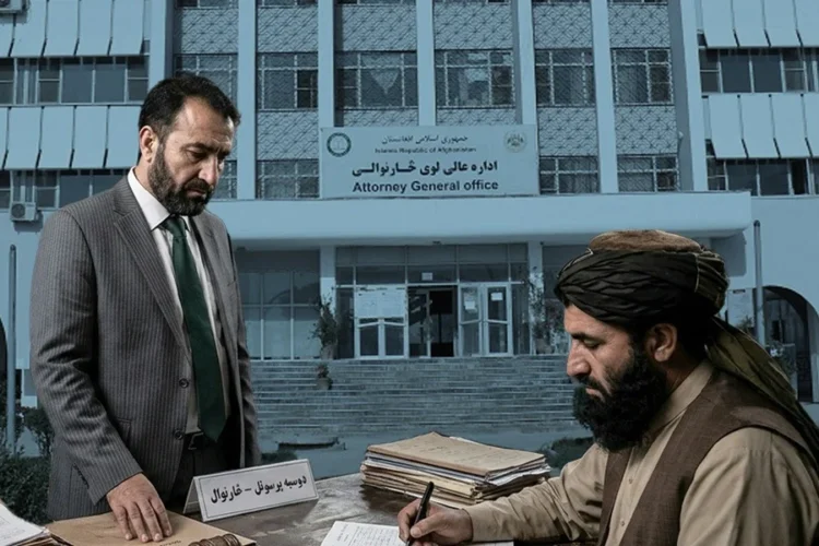 A former prosecutor stands beside a Taliban official reviewing case files in front of the Attorney General’s Office in Kabul. (Photo credit: tkg.af + AI)