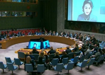 Tamanna Zaryab Paryani appears on a large screen during a United Nations Security Council session on women, peace and security. (Photo credit: UN)