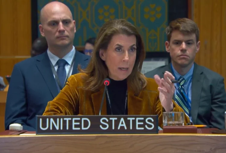 Tammy Bruce, the US Deputy Representative to the United Nations, speaks behind a microphone while addressing the Taliban’s restrictions on women and girls. (Photo credit: usun.usmission)