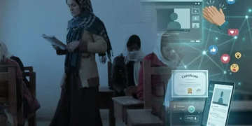 A teacher reads to girls seated at wooden desks in an Afghanistan classroom, with digital icons showing online Teachers' Day celebrations. (Photo credit: AKDN + Magnific)