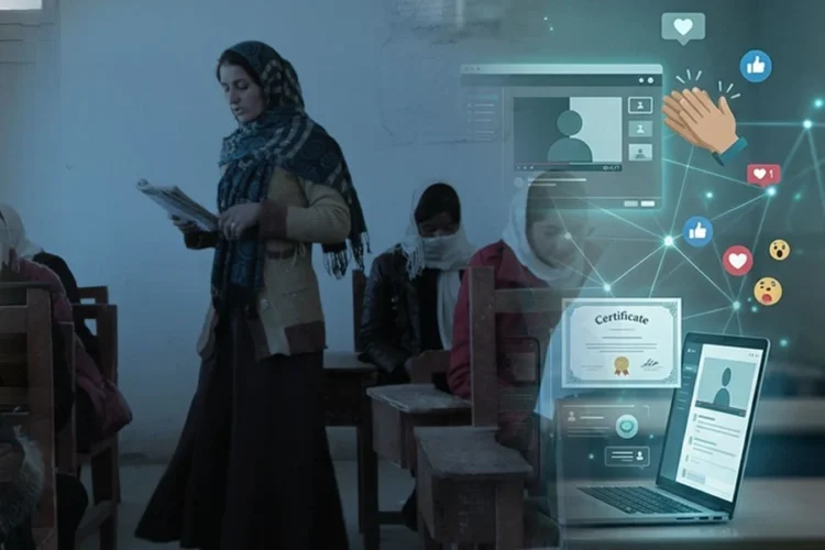 A teacher reads to girls seated at wooden desks in an Afghanistan classroom, with digital icons showing online Teachers' Day celebrations. (Photo credit: AKDN + Magnific)