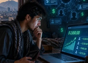 A worried young man holds a wallet and studies a laptop showing promised dollar earnings, as a web of online network profiles glows behind him. (Photo credit: AI)