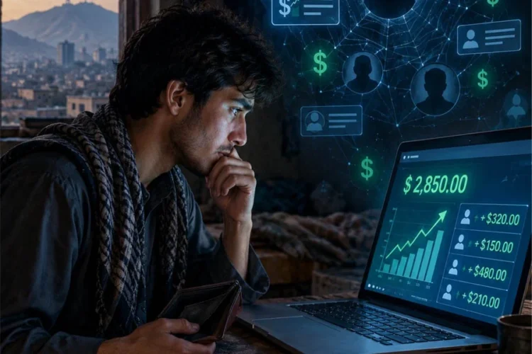 A worried young man holds a wallet and studies a laptop showing promised dollar earnings, as a web of online network profiles glows behind him. (Photo credit: AI)