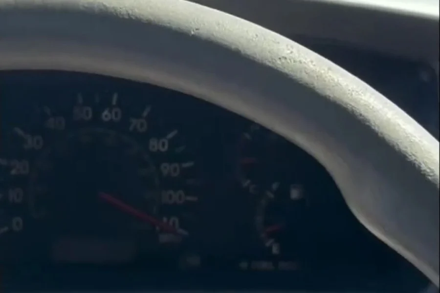 A still from a social media video shows a vehicle’s speedometer needle passing 100 as the car speeds along. (Photo credit: social media)