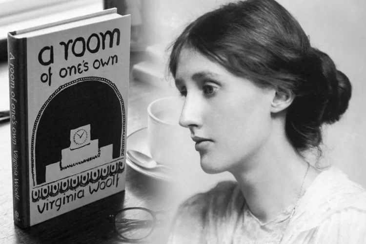 A copy of Virginia Woolf’s book A Room of One’s Own sits beside a portrait of the English writer, whose work inspires women’s writing. (Photo credit: Wikipedia)